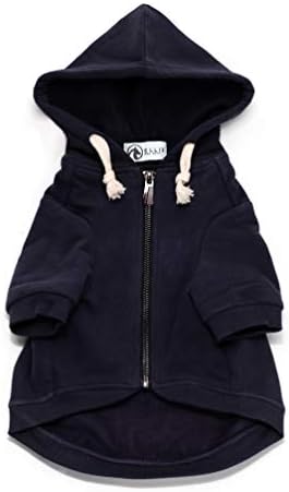 Ellie Dog Wear Zip Up Adventure Dog Hoodie azul marinho com gancho e bolsos de loop e capuz de cordão ajustável - tamanho xxs