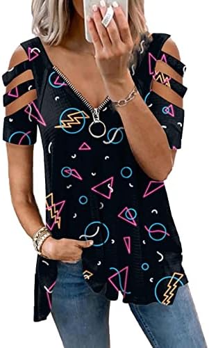 Tops de verão nokmopo para mulheres 2023 Fashion Loose Zipper Zpper V Rose Print Print Longo Camiseta Casual