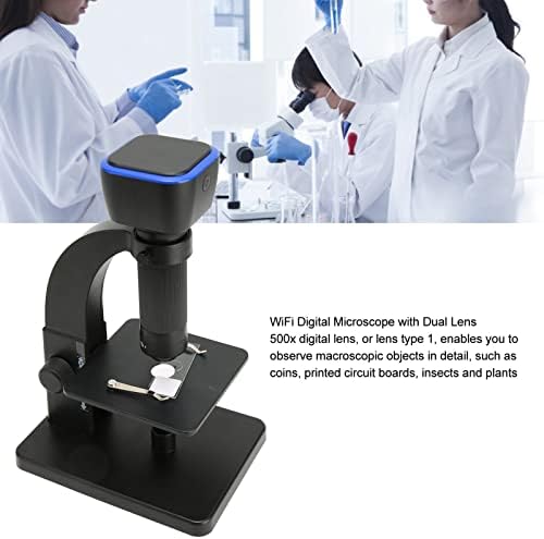 Microscópio digital de lente dupla Wi -Fi, microscópio digital com suporte de metal, lente dupla WiFi USB Conexão 5MP 2000X Microscópio de ampliação para plantas de PCB