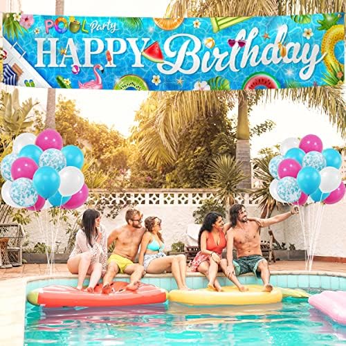 Decorações de faixas de festa da piscina colorida Banner de feliz aniversário, fundo de fundo de verão com tema havaiano decoração de festa ao ar livre com 30 balões de aniversário decoração de pátio de bebê suprimentos de chá de bebê - 9,8 × 1,9ft