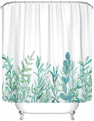 Cortinas de cortina de chuveiro de tecido de emvência com ganchos verde eucalipto aquarela padrão floral padrão botânico Borda de