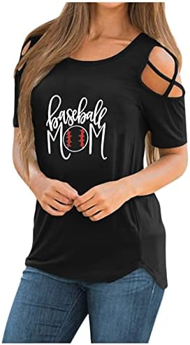 Camisetas de ombro feminino Casual Cross Cross Cirts Camisetas de manga curta Round Roult Print Prind Baseball Mamãe camisetas Sumemr Top