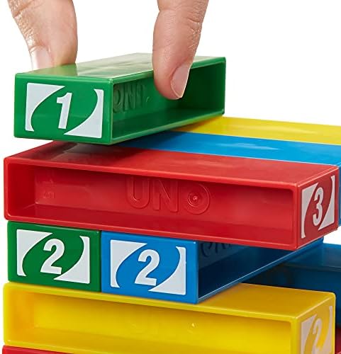 Mattel Games UNO Stackogame para crianças e familiares com 45 blocos de empilhamento coloridos, bandeja de carregamento e instruções,