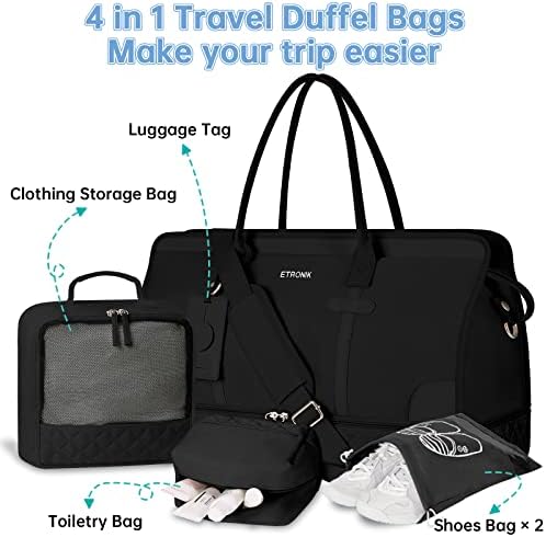 Etronik Weekender Bag Overnight for Women, Bolsa de Duffle de viagem grande com compartimento de sapatos e bolso molhado, Bolsa de mochila com bolsa de bolsa com bolsa de higiene, bolsa para hospital 4 PCs, preto