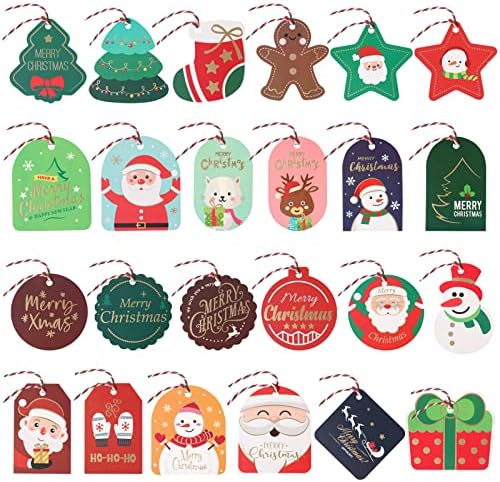 Tags de presente de Natal com cordas, tags de presente de Santa, etiquetas de natal, etiquetas de natal para presentes, 72pcs de Natal tags coloridas para presentes de férias de natal de Natal