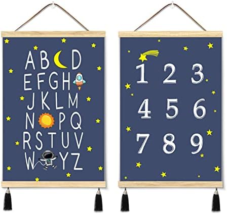Decoração do espaço para pôsteres de alfabeto para garotos cabides de lona magnética de madeira para paredes, 2 conjunto de 16 x 24 polegadas ABC Art Print for Toddlers Wall Classroom Kids Grokeroom Decor de parede de berçário