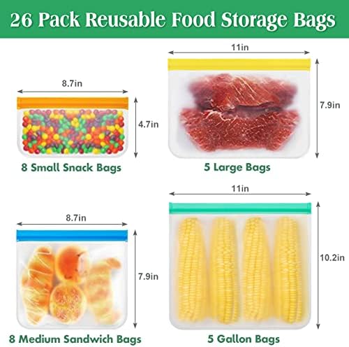 26 bolsas de armazenamento de alimentos reutilizáveis ​​de embalagem, sacos de congeladores reutilizáveis ​​gratuitos