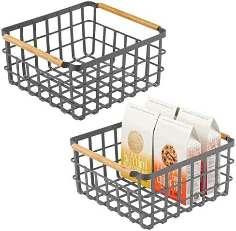 Mdesign Metal Wire Storage Organizer Basket com alças de madeira de bambu para despensa de cozinha, lixeira rústica para armazenar