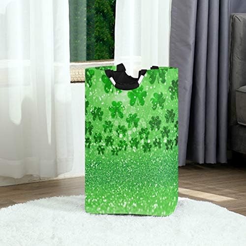 Yyzzh Green Glitter Print irlandês trevo shamrock sparkle água st patricks dia grande lavanderia bolsa de cesta de cesta de compras