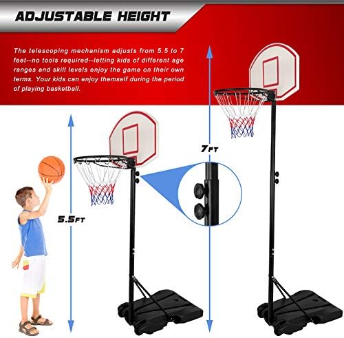 Kids portátil altura portátil Basquete ajustável Posto de argola, backboard de 28 polegadas, gols de basquete interno/externo, 5,5-7 pés de altura ajustável argola de basquete para juventude