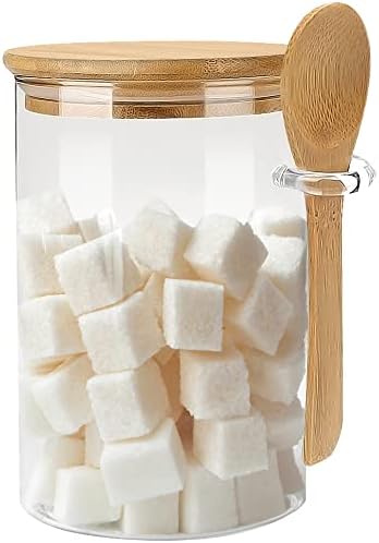 Recipiente de açúcar de vidro com colher - 1 pacote de 15 onças de vidro com tampa de bambu e colher, recipientes