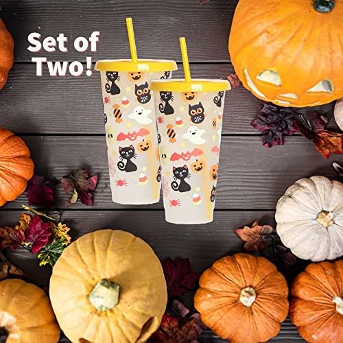 Tumbler de Halloween com tampa e palha de plástico reutilizável Tumbler para bebidas frias, xícara de Halloween- 24 oz,