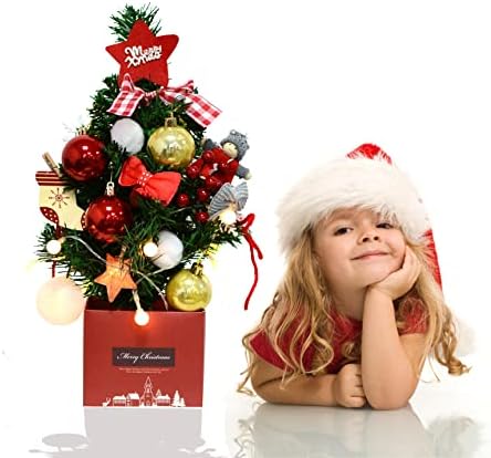 Pequena árvore de Natal de mesa, árvore superior de mesa de 17,3 /44cm com luzes de bateria de 6,5 pés, corda e
