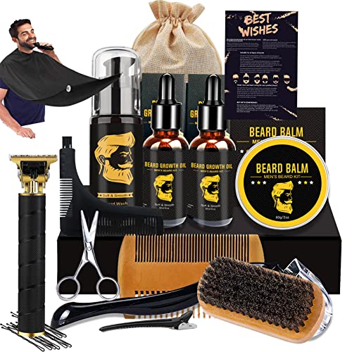 Kit de crescimento de barba, kit de barba, kit de limpeza de barba com lavagem com barba, rolo de barba, bálsamo de barba, lavagem