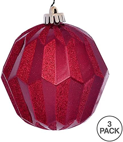 Vickerman 5 Ornamento de Natal Facetado Bola, acabamento de glitter vermelho, plástico à prova de quebra, decoração de árvore de Natal de férias, 3 pacote