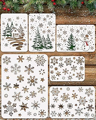 6pcs Christmas Snowflake Stencils Para pintar, reutilizáveis ​​grandes flocos de neve, boneco de neve, estênceis de árvore de