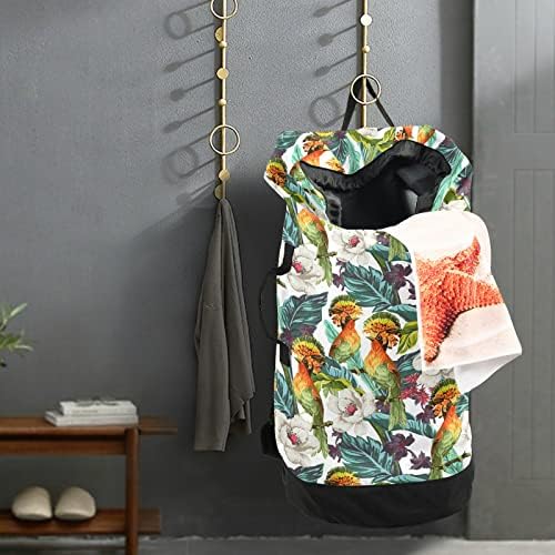 Mochila de lavanderia lavável MNSruu Mochila grande bolsa de roupas sujas com alças de ombro ajustáveis, floral tropical com pássaros