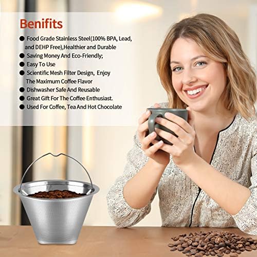 4 Filtros de café permanentes reutilizáveis, 8 ~ 12 xícara de filtros de café, ajuste perfeito para o filtro da cafeteira
