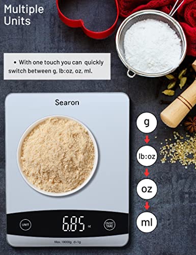 Searon Food Kitchen Scale Digital - onças e gramas Ml lb, 10kg/22lb Capacidade para perda de peso, assadeira, cozinha, ceto e preparação para refeições, painel de vidro temperado - 7,9 x 6,3 x 0,6 polegadas