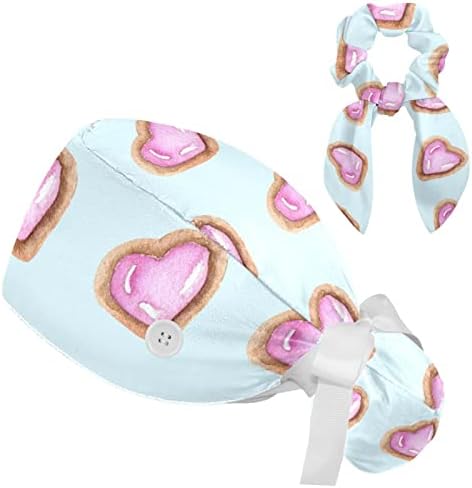 Pink Love Heart Centro de fundo azul de trabalho com botões ， tampa de esfoliação cirúrgica ajustável com cabelos arco macios