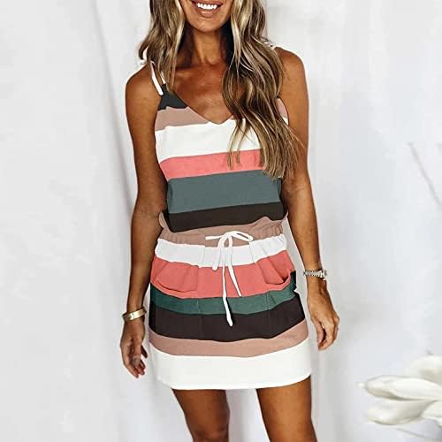 Vestido de tanque de verão feminino de Ymadreig V Dress Spaghetti Strap Dress Elastic Drawstring Mini vestido listrado vestido de praia