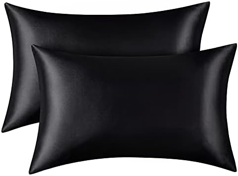 Caso de cetim Comaza para cabelos e pele - Passagem de seda preta Conjunto de tamanho padrão de 2 - travesseiros ultra suaves e macios com fechamento de envelopes