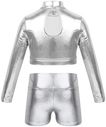 Moily Kids Girls Metallic Two Pieces Dance Racer Back Sports Bra With Gymnastics Bottoms