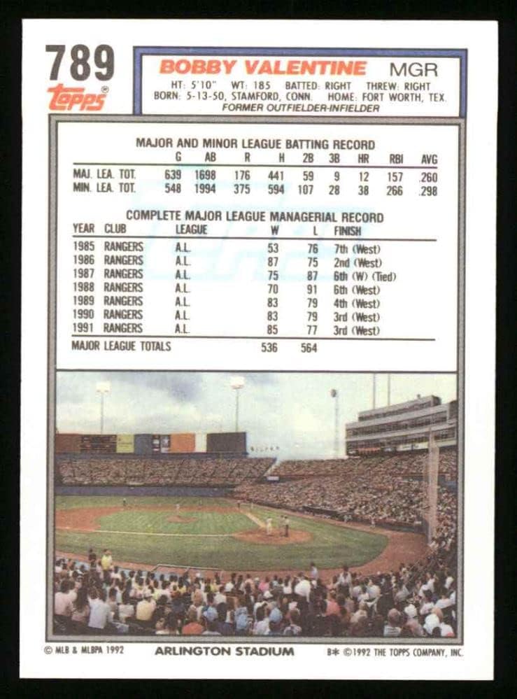 1992 Topps 789 Bobby Valentine Texas Rangers NM/MT Rangers