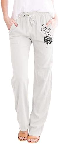 Calças de linho Ethkia para mulheres petite de pernas largas cintura elástica de linho leve calça de cordão com bolsos soltos