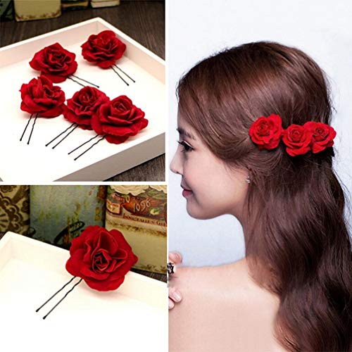 Clipes de cabelo gótico 6pcs clipe de cabelo de flor de rosa vermelha, pinos de flores em forma de u pinos de cabelo rosa