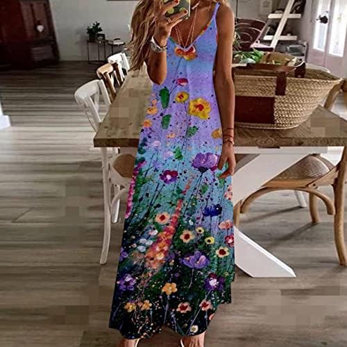 Vestidos de deslizamento casual de verão para mulheres fofas estampas florais V Vestido longo de espaguete sem mangas