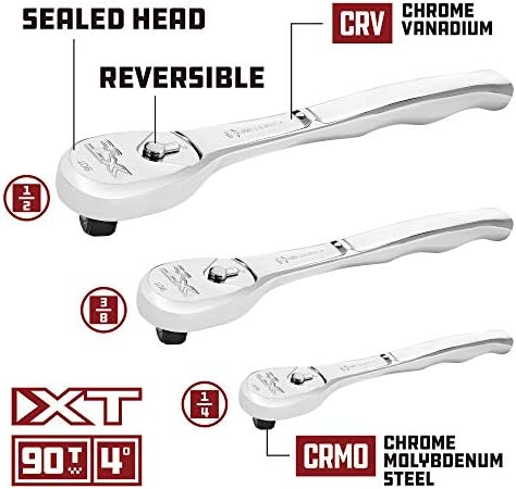 PowerBuilt 200 Peça 1/4 de polegada, 3/8 polegadas e 1/2 polegada Conjunto de ferramentas de mecânica de acionamento-Com SAE e conjunto de soquete métrico, PowerBuilt XT 90 Catchets de cabeça de vedação de dente, incluindo estojo-642472