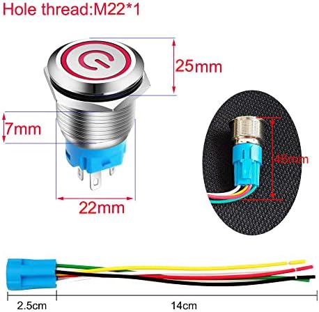 Gebildet 0,87 ''/22mm Aço inoxidável Pressionamento Push Butching interruptor SPDT 110V-220V/3A Símbolo de energia LED 1NO 1NC ON/OFF TOGLE IMPROMUS