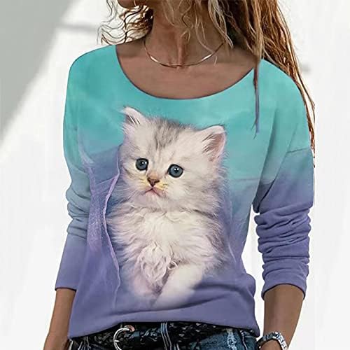Kcjgikpok feminino gato fofo estampado camisa longa de manga longa moda redonda pullover de moletom tampos casuais blusas