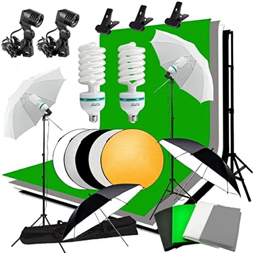 Ylyajy Studio Umbrella Foto Iluminação Kit de cenário + 4 cenários + 2 guarda -chuvas + 2 * 135 w lâmpadas + reflexão + suporte de