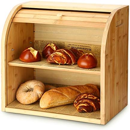 G.A Caixa de pão de sabor doméstico, caixas de pão de bambu de 2 camadas para armazenamento de alimentos de cozinha, rolo de guardião