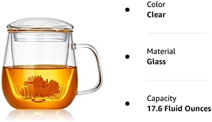 Dopudo Pavilion Copo de chá de vidro com infusor e tampa, 17,6 onças/ 520ml de vidro de vidro de vidro grande caneca de chá