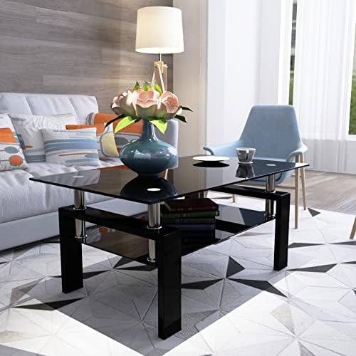 Homso de mesa de café de vidro moderna com armazenamento para sala de estar com pernas de metal, retângulo, preto