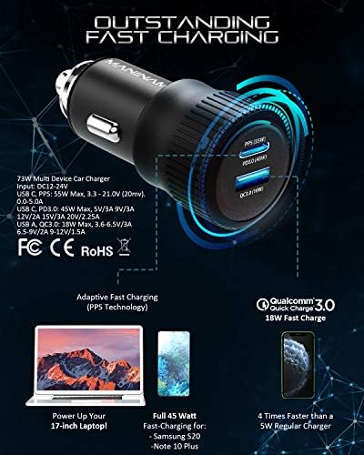 Maninam Super Fast USB C Car Charger para Samsung S22 S21 S20 Ultra Note 20 10 Plus Super Fast Charging 2.0 [73W