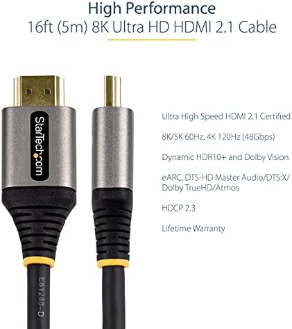 Startech.com 12 pés HDMI 2.1 Cabo 8k - Cabo HDMI de alta velocidade certificado 48Gbps - 8k 60Hz/4K 120Hz HDR10+ EARC - Ultra HD 8K HDMI Cord - Monitor/TV/Display - Jaqueta TPE flexível