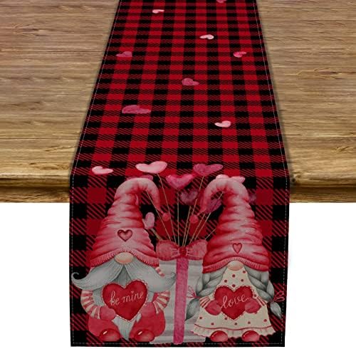 Linen Day Day Table Runner Gnome Vermelho e preto Buffalo Verificação xadrez escandinava Tomte Table Decoração de cozinha Decoração