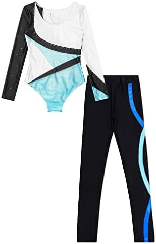 FeShow Girls 2 Peça Ginástica Unitards Sports Tracksuit Kids lantejous de manga longa com leggings Conjunto