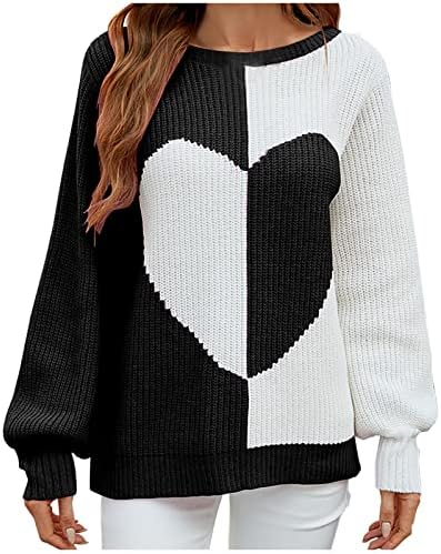 Padrão de coração fofo feminino Pullover pullover feminino bloco de cores colorido tops