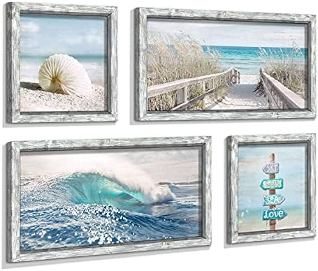 Arte da parede do oceano emoldura de madeira: Arte da praia PRIMAIXAS CONDADES CONSULTADAS DE 4 SEASCAPE Decoração de parede para