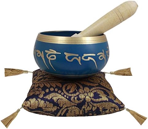 Connectinggod Blue tibetano tigela de canto de 3,5 polegadas de diâmetro Brass Buddhist Musical Instrument com martelo e almofada