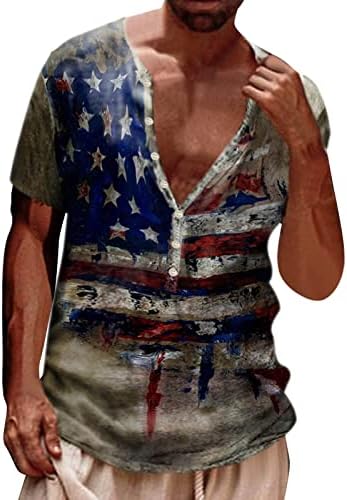 Camas de camisas patrióticas henley do Ubst Mens Retro American Flag Button B Button V Nech Summer Summer Sleeve Beach Camisa
