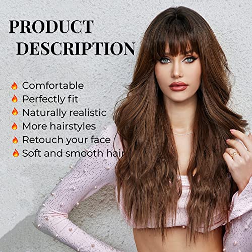 Wig Brown Kome ombre para mulheres, peruca longa ondulada com franja, raízes escuras perucas encaracoladas, perucas