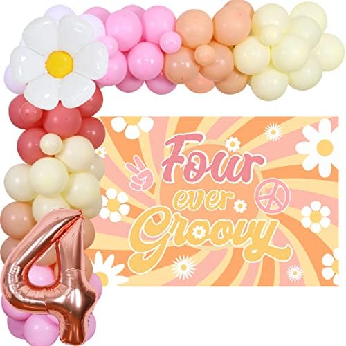 Groovy 4º aniversário Decorações para meninas - quatro decorações de festa sempre groovy Kit de guirlanda de balão de flores de margarida groovy boho com quatro cenários Groovy, Balão de Rose Gold 4 Foil