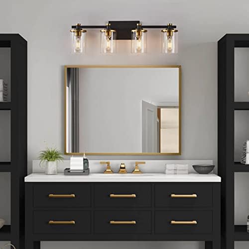 4 luminárias leves de vaidade do banheiro, luzes de vaidade preta e dourada modernas sobre o espelho, iluminação de parede de argola vintage com tom de vidro transparente, luzes de vaidade dourada escovada para banheiro