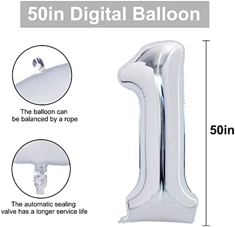 Toniful 50 polegadas Balões de número de prata de 50 polegadas 0-9, folha Mylar Big Digital Balloon número 1 dígito